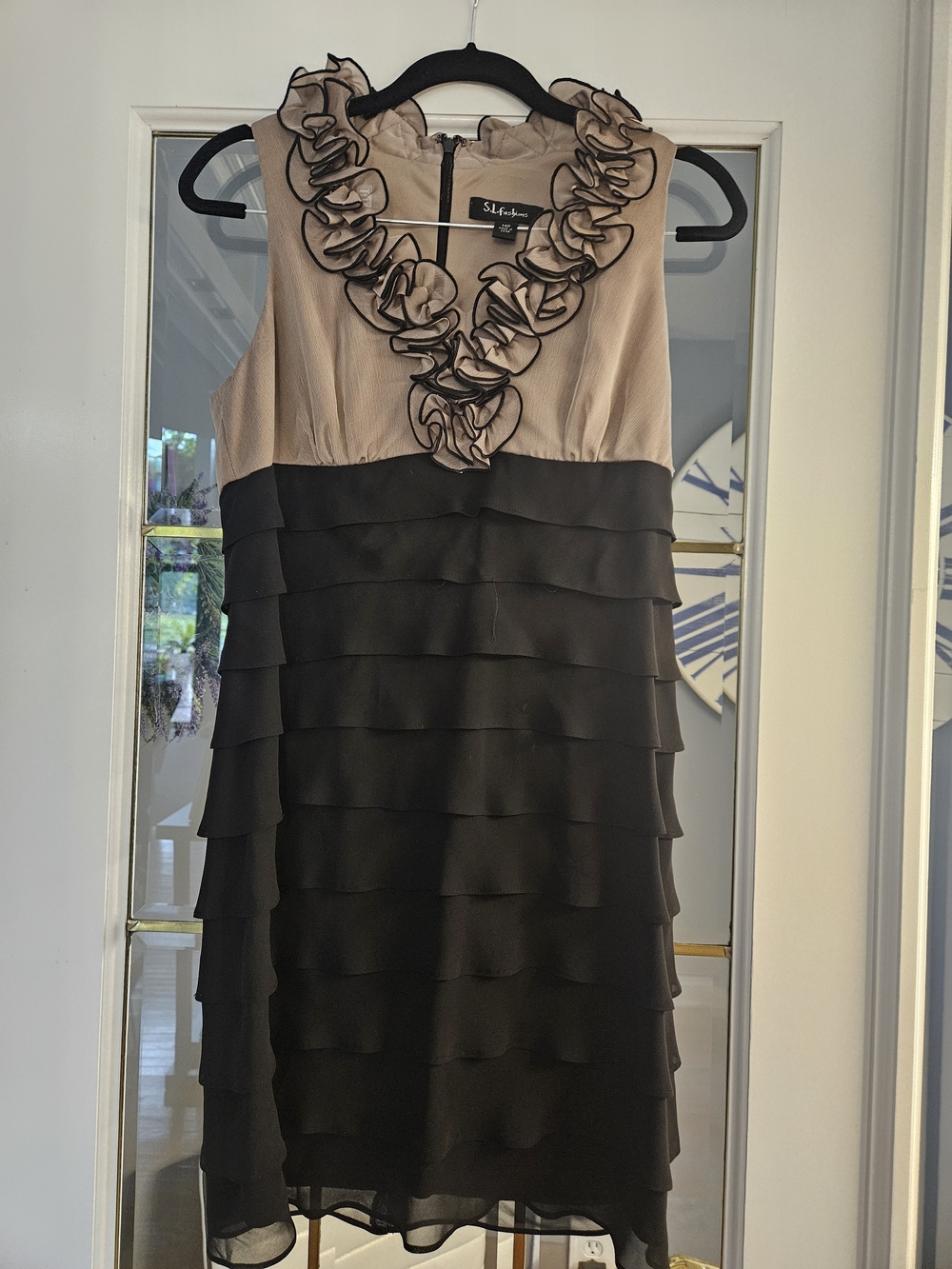 S.L. Fashions Taupe and Black Ruffle V-Neck Tiered Midi Dress